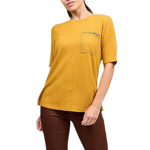 DG2 Women's Embellished Brushed Sweater Knit Short Slv Top Gold - Regular